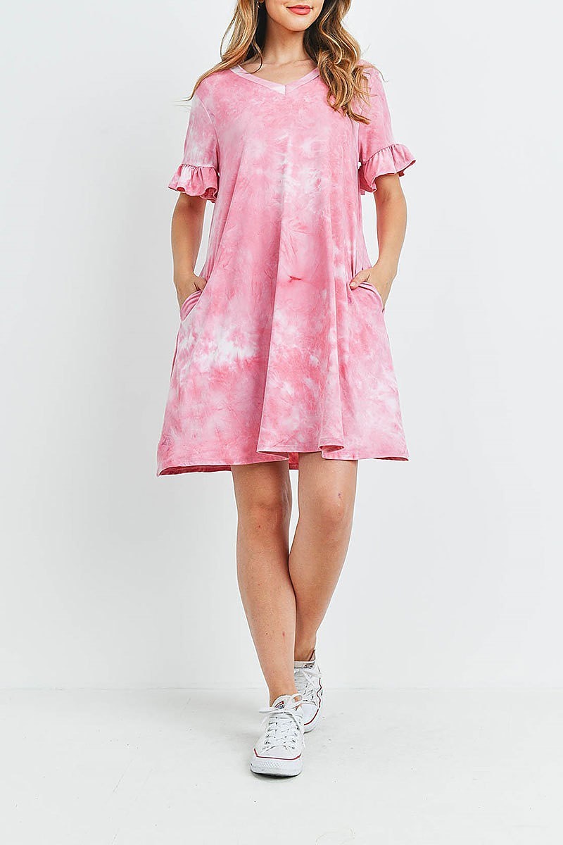 Tie dye ruffle sleeves v neck dress (DED6295)