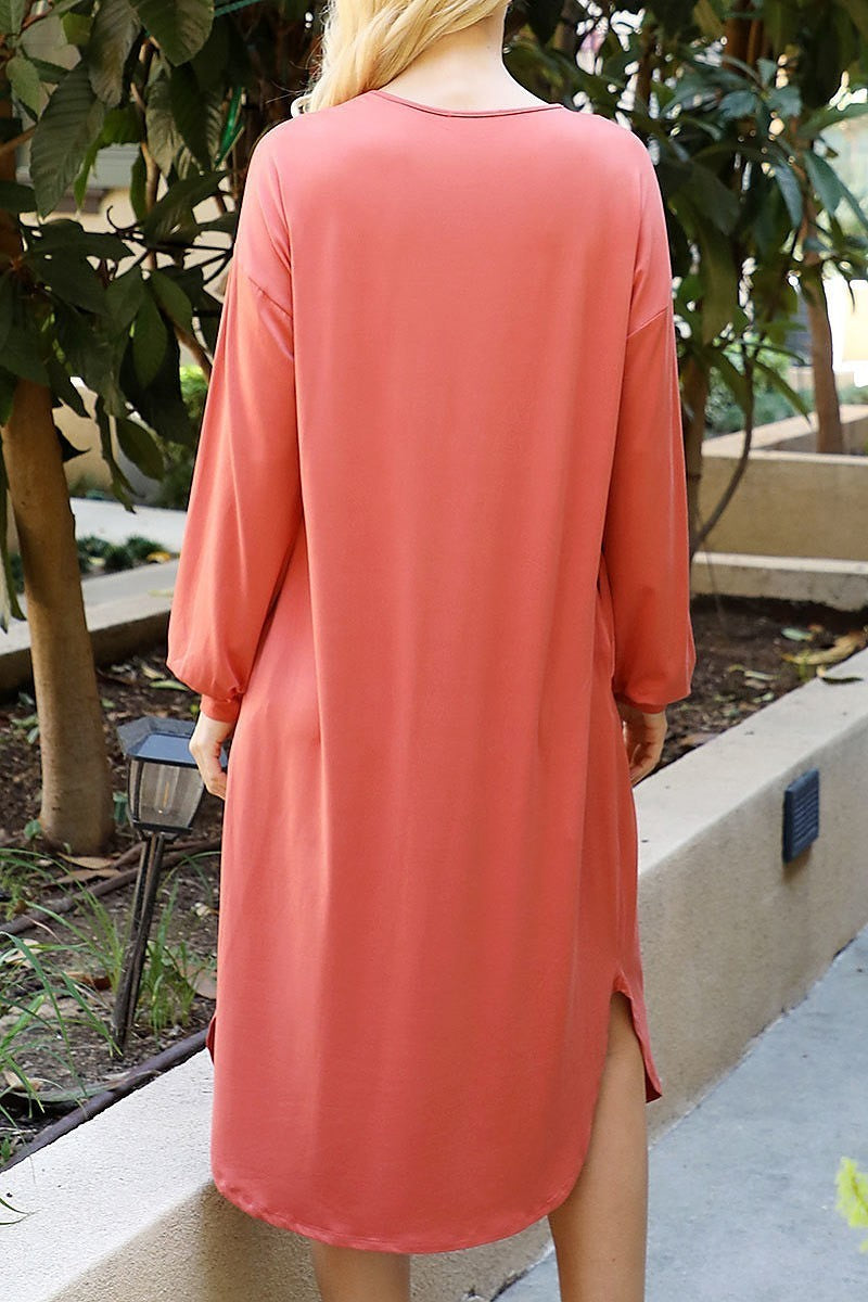 Solid v-neck long sleeve dolphin hem dress (DED8902-1)