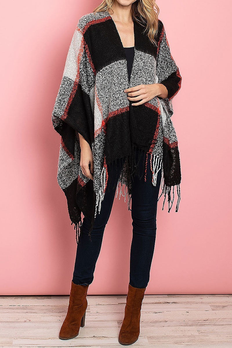 Fringe detail loose fit poncho sweater (DGS4912)