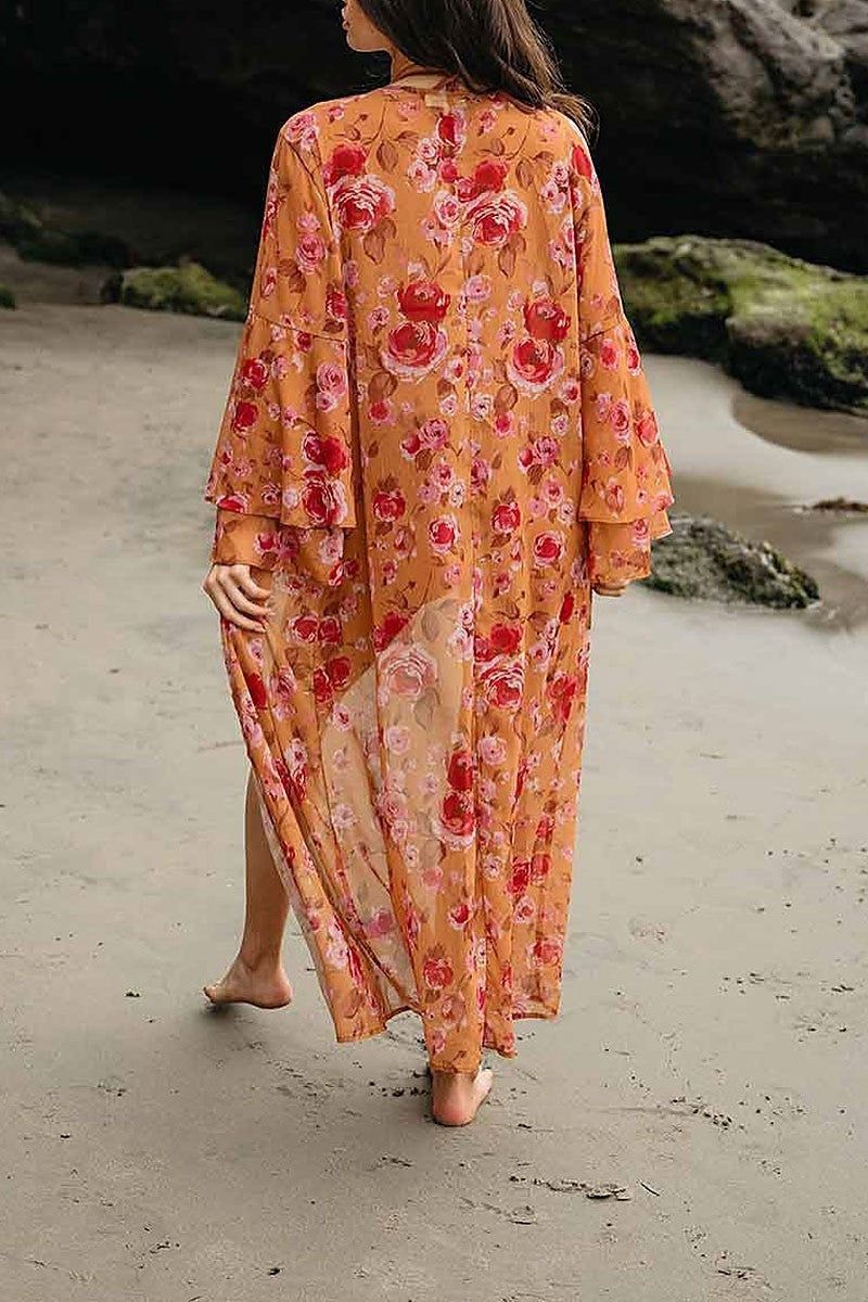 Ruffle sleeve open front floral kimono (EGWT1047)