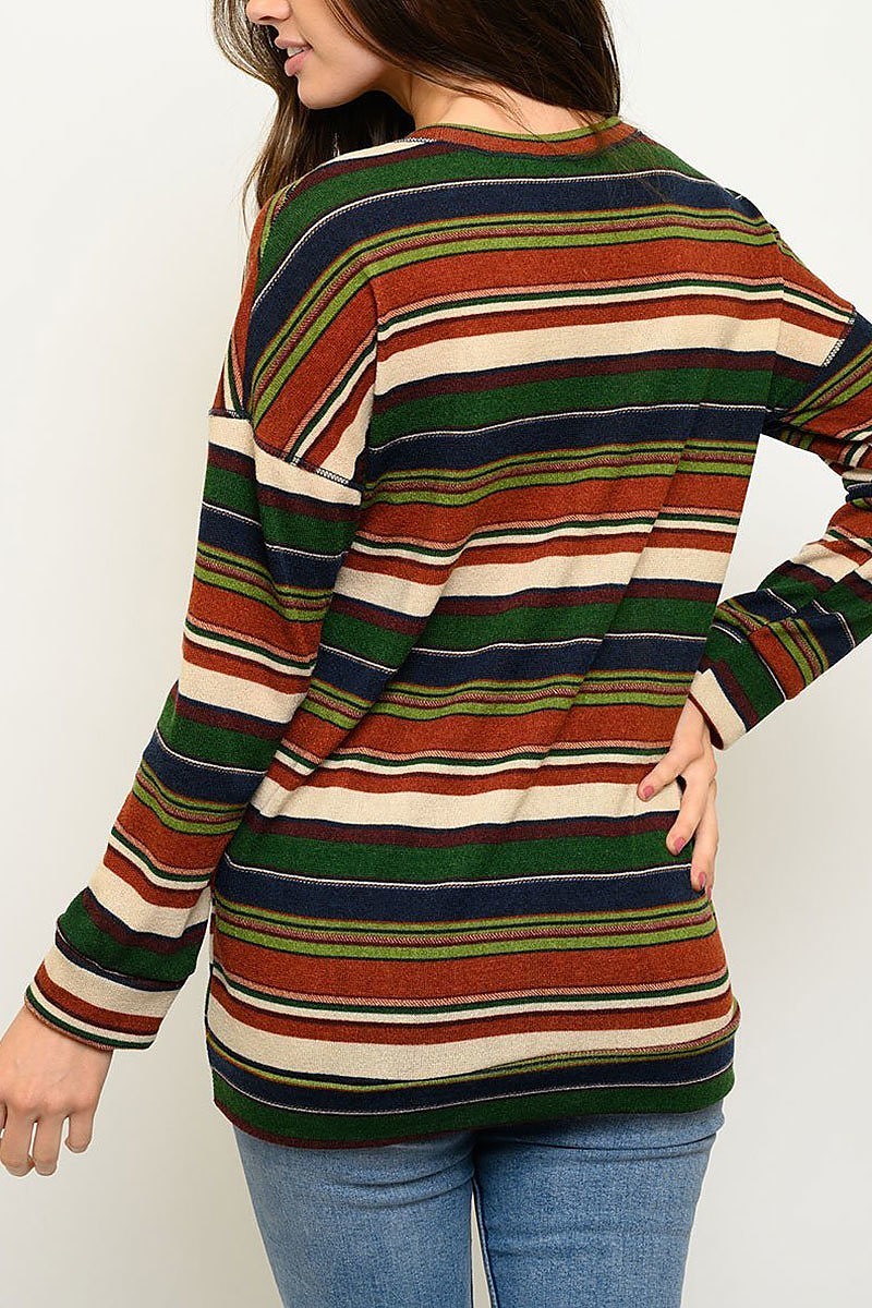 Long sleeve button trimmed stripe top (EDWT3019)