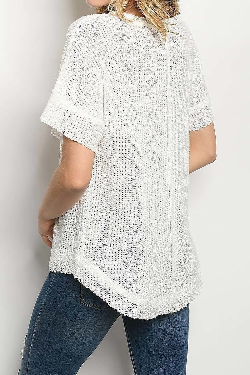 Textured crochet bell sleeve raw hem top (ED6385)