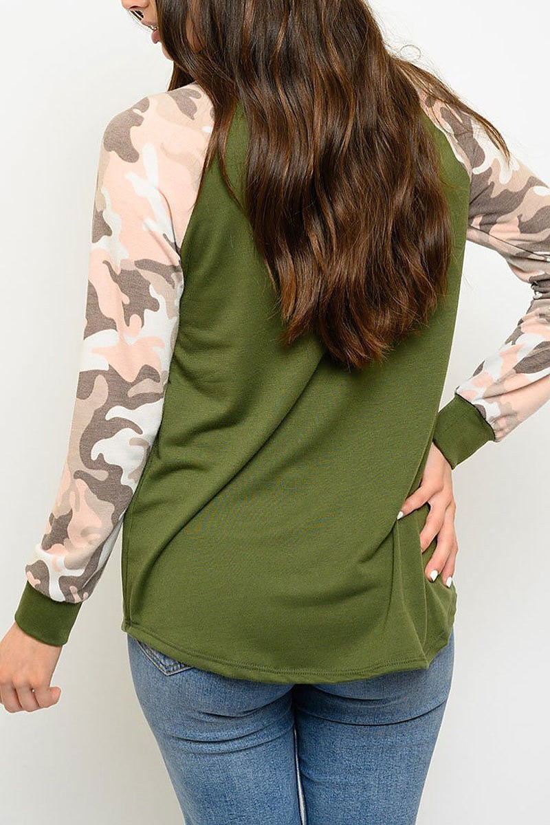 Long sleeve front pocket camo print top (EDWT3054)