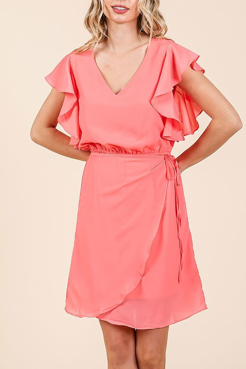 Solid ruffle sleeve wrap style mini dress (EDH2243)