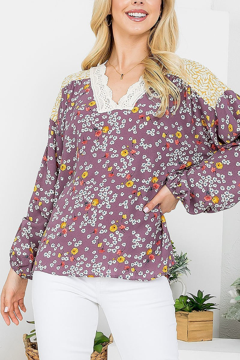 Floral mix print lace trim v neck top (EF4220)