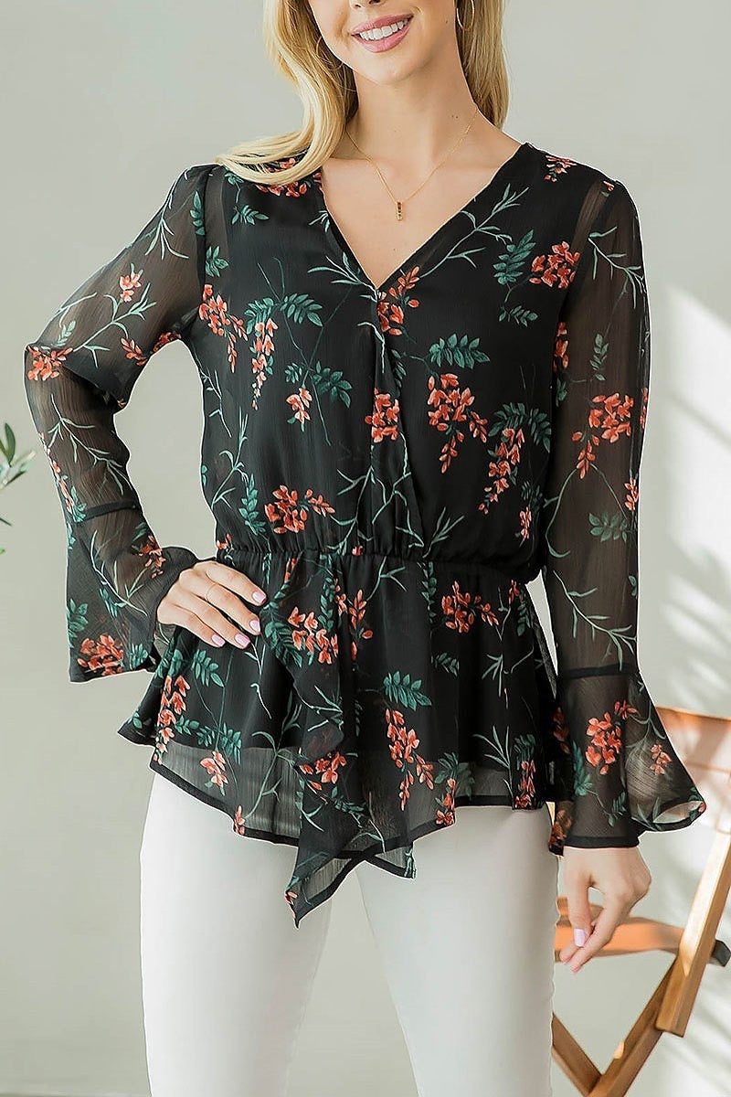 Sheer bell sleeve flroal print top (EF3939)