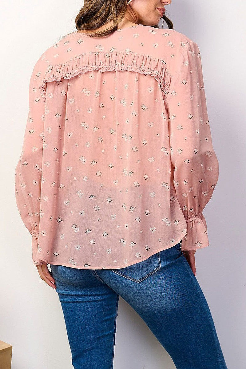 Long sleeve button up floral blouse top (EFWT8781)