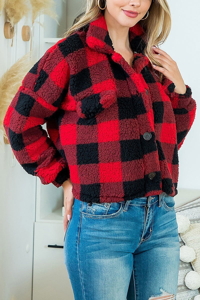 Button detail long sleeve fleece plaid top (DGS5775)