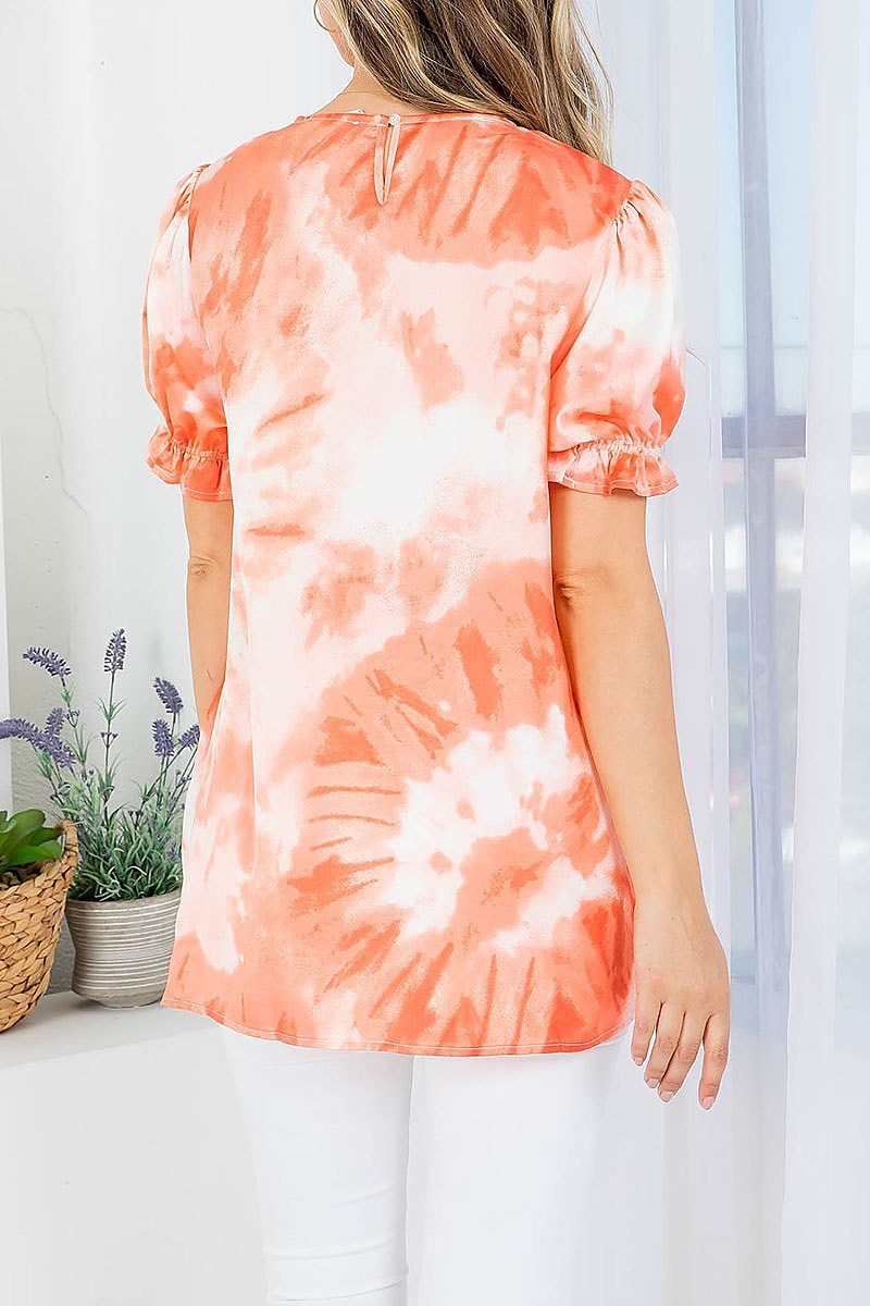 Tie dye round neckline puffed sleeve top (EF3786)