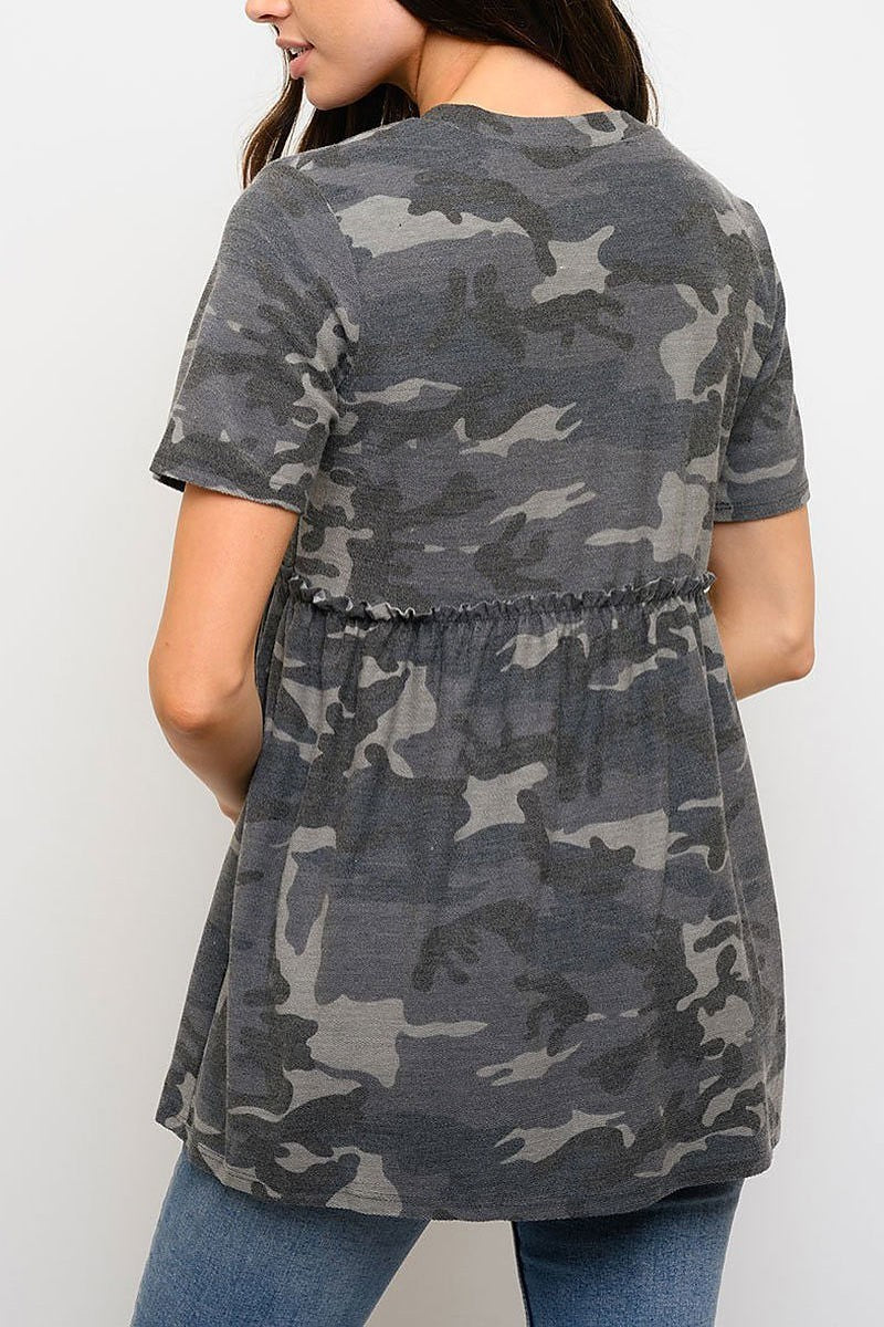 V neck camo print short sleeve top (EDWT3319)