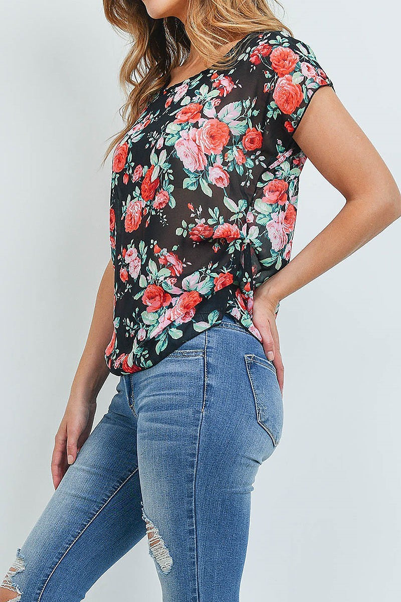 Short sleeve floral print round neck chiffon blouse top (ED8896-1)