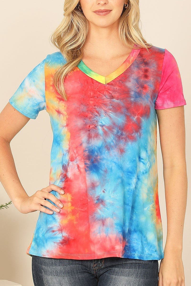 V-neck neck short sleeve tie dye top (EF7730)