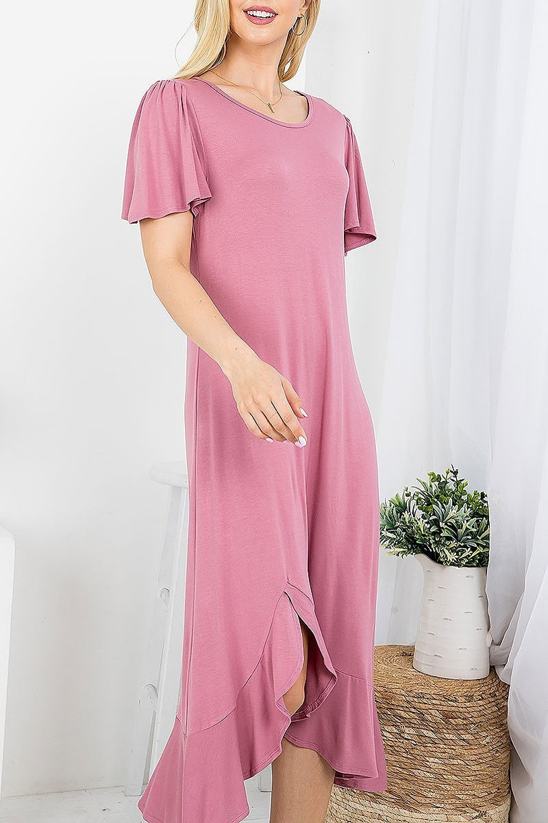 Flutter sleeve aymmetric ruffle hem midi dress (DED7827)