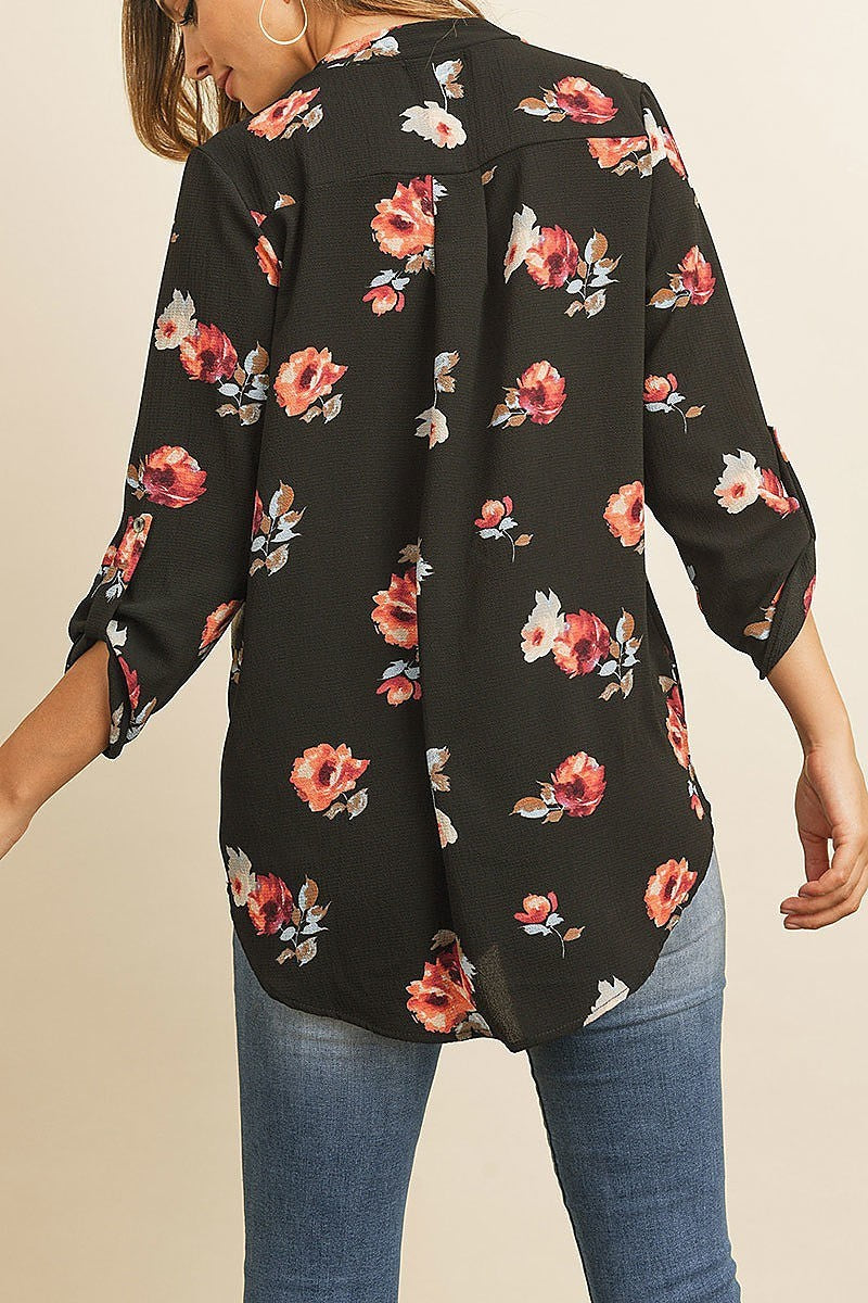 Roll up sleeve floral print v neck top (ED8085)