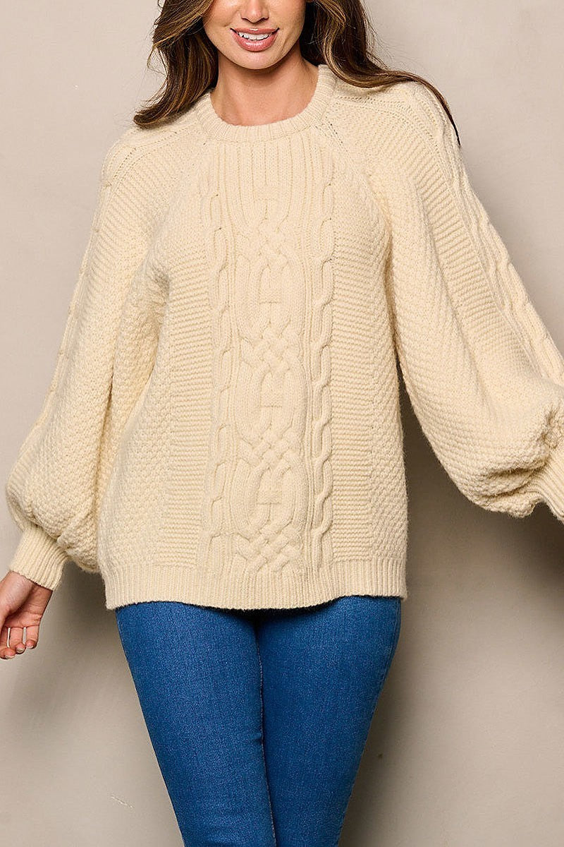 Long ballon sleeve knit detailed sweater (EFWT4431)