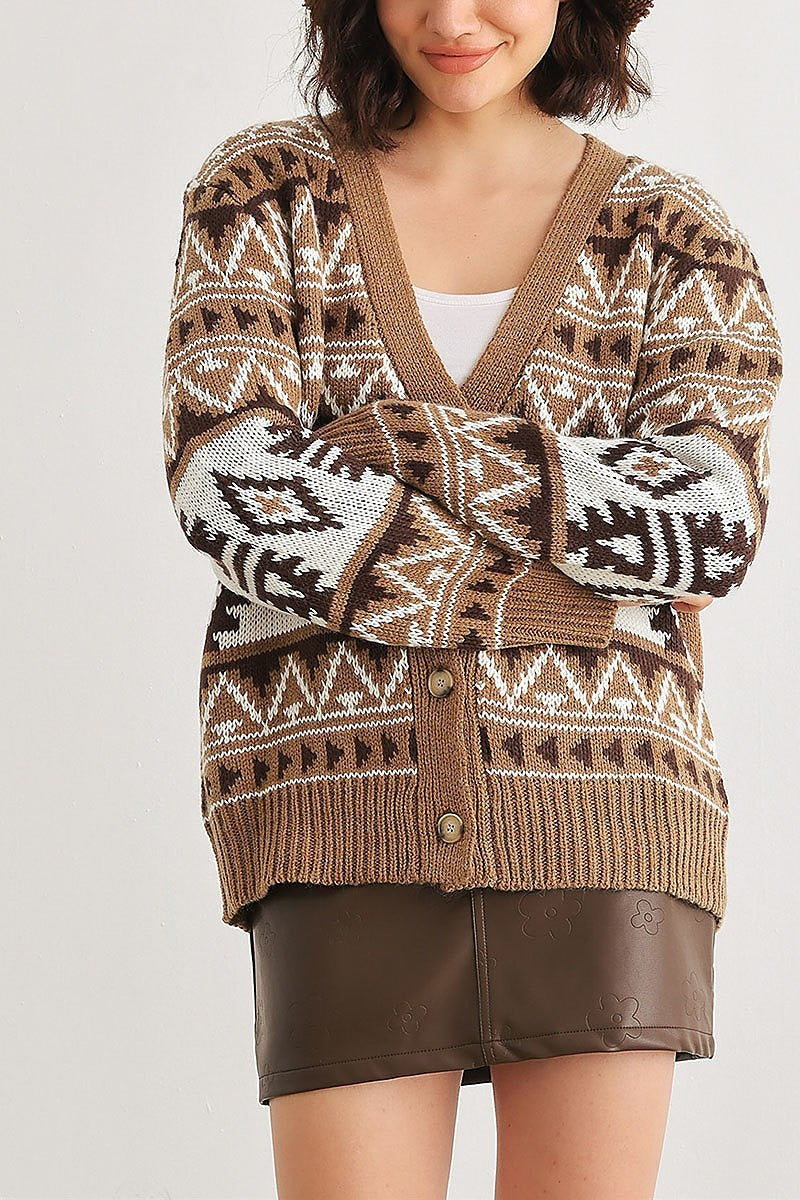 Fair isle knit vbutton up cardigan sweater (TED2035)