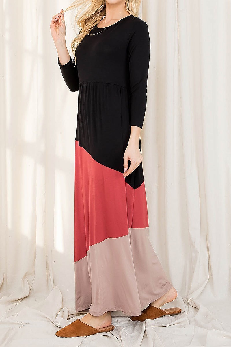 Long sleeve color block loose fit maxi dress (DED8855)