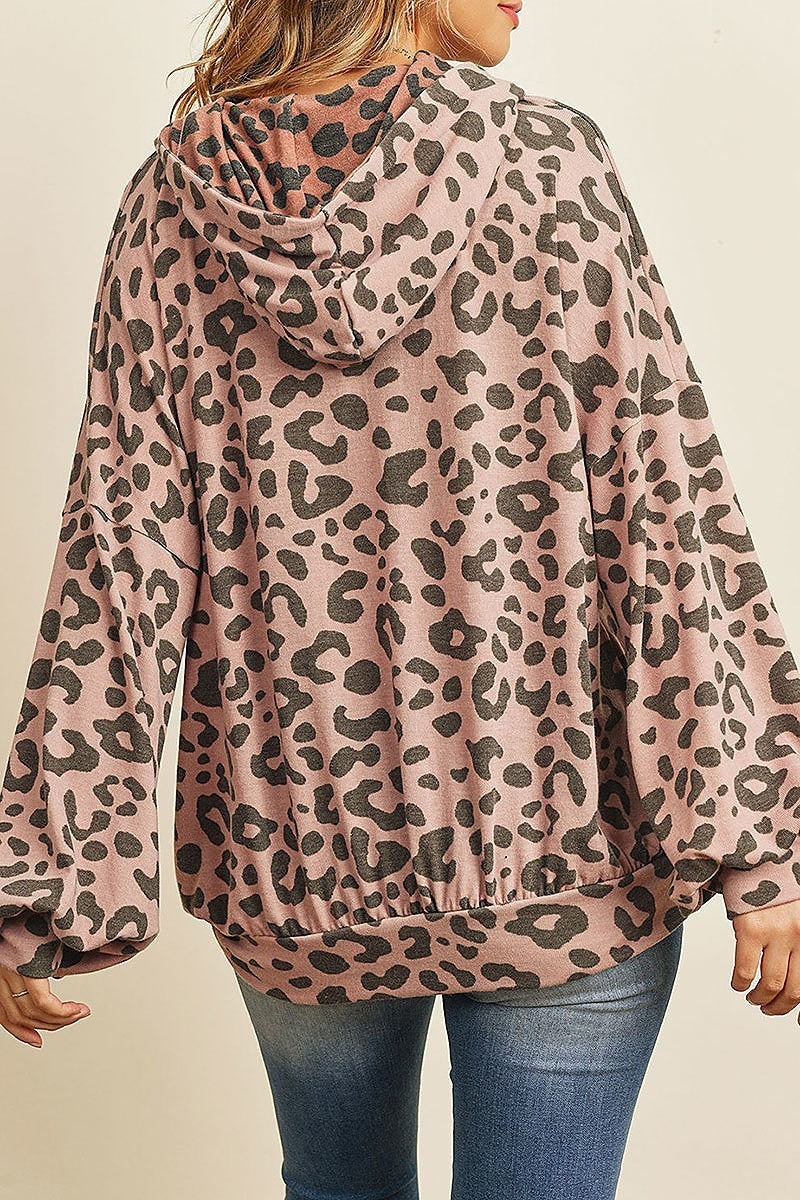 Leopard puff sleeved self tie hoodie (ED8129-31)