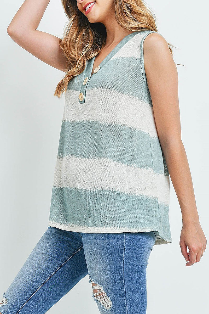 Button trimmed v neck stripe top (EF1461)