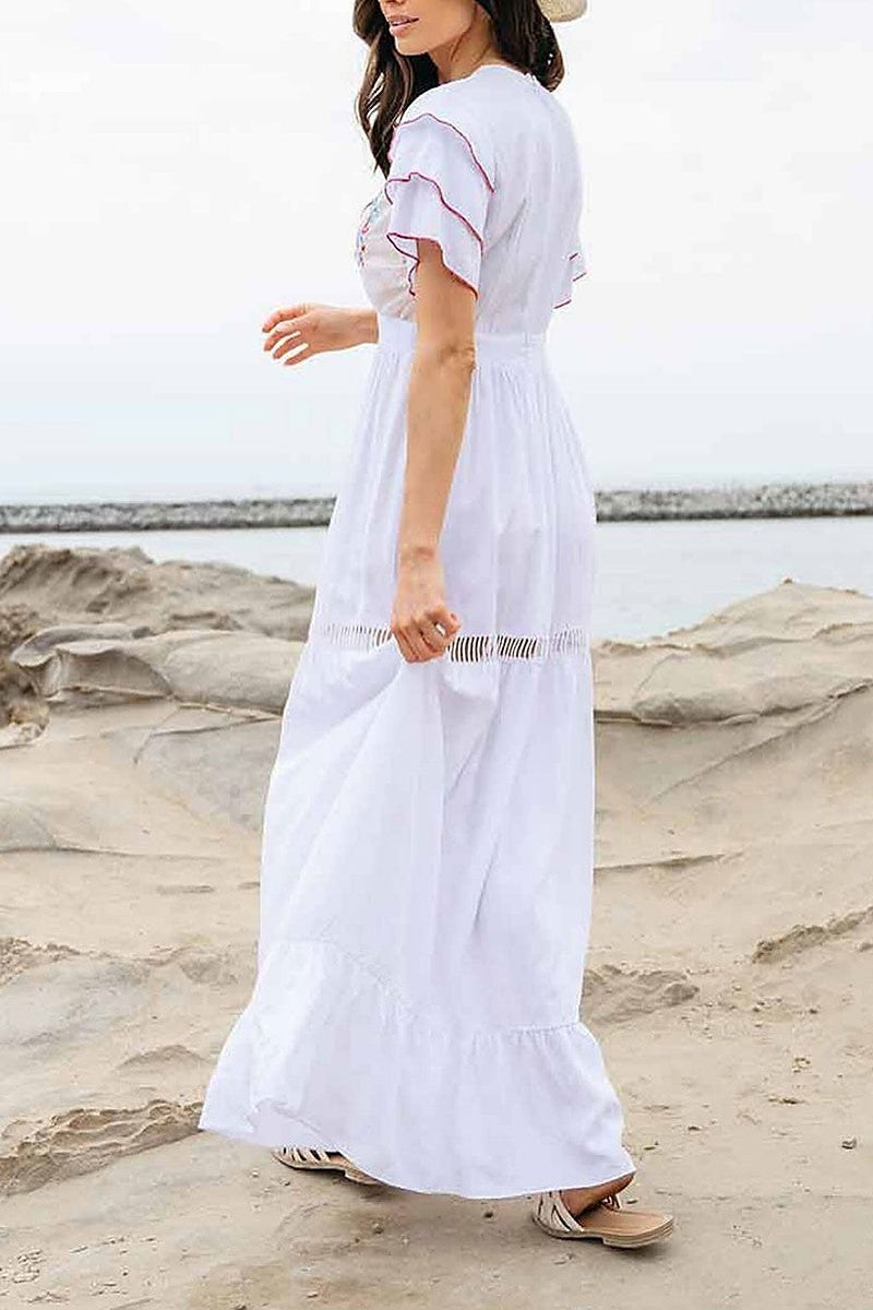 Short ruffle sleeve embroidery maxi dress (EGWT1183)