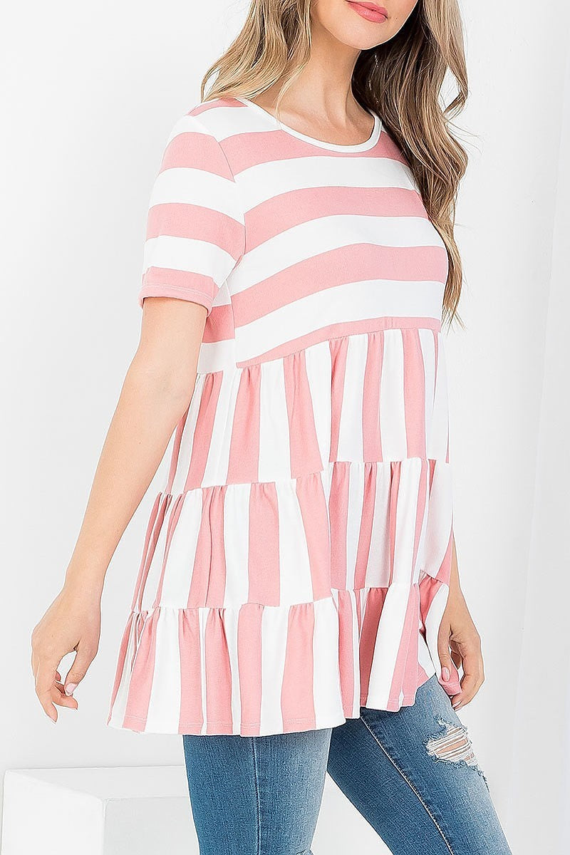 Stripes layered ruffle hem top (EF3860)