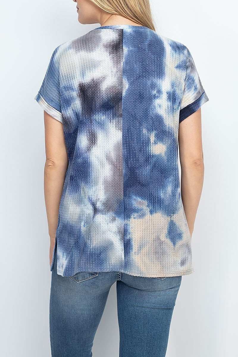 Rolled sleeve round neck waffle tie dye top (EF1859)