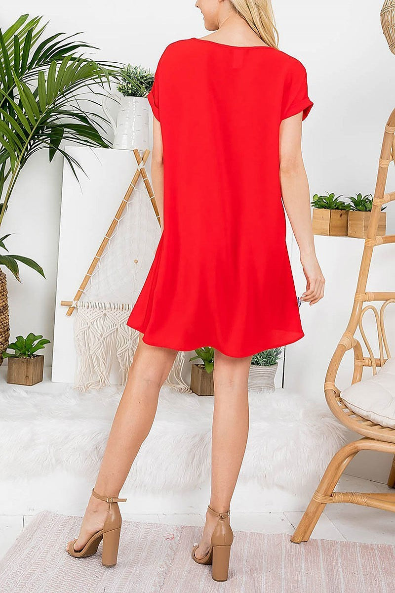 Round neck roll up sleeve flare dress (DED7210)