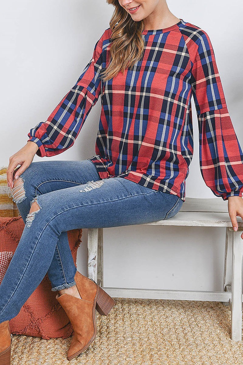 Puff sleeve crew neck plaid top (EF2399-1)