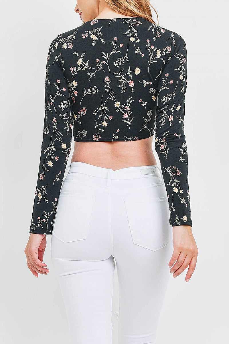 Floral print key hole front waist tie crop top (EF1252)