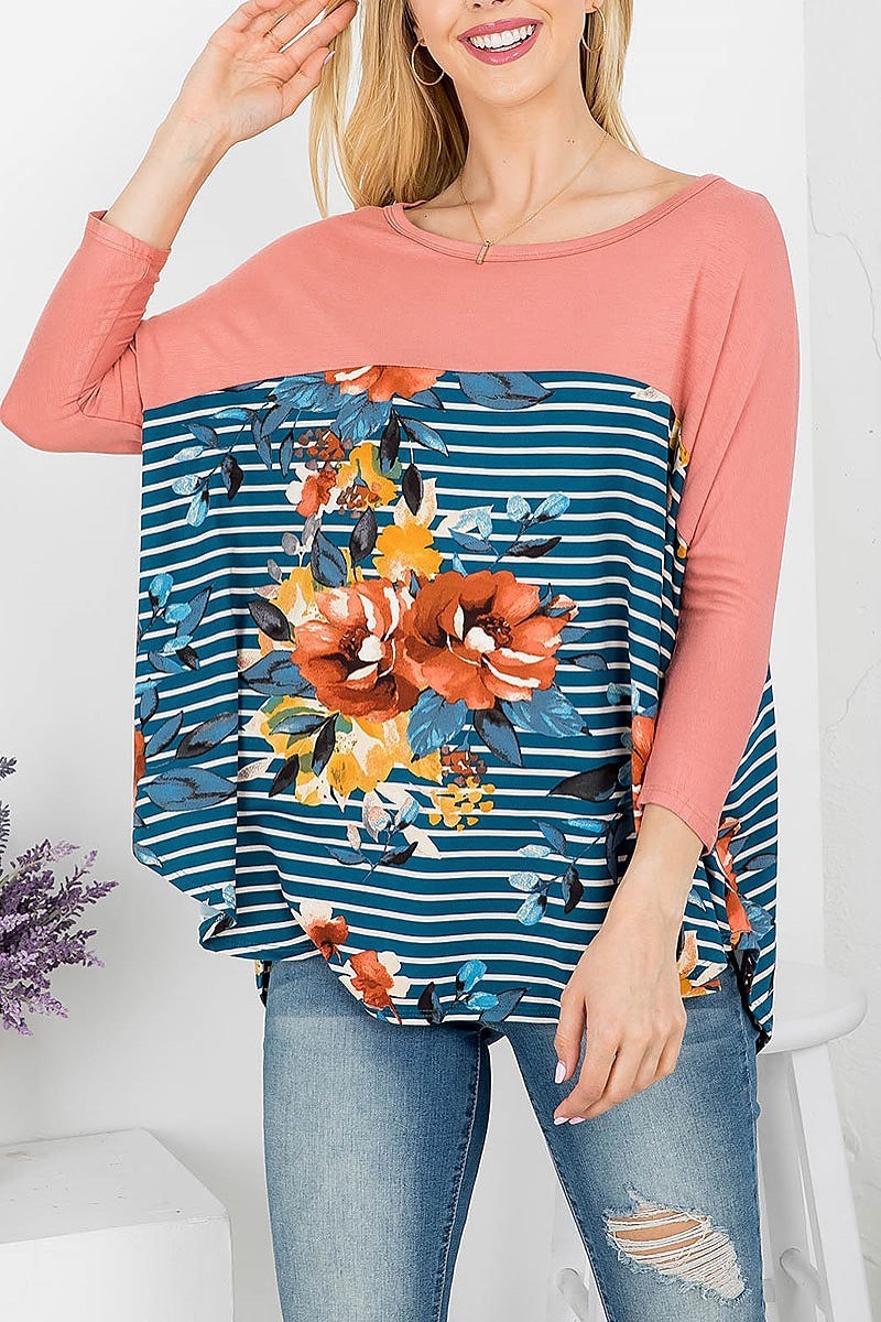 Floral print stripes round neckline long sleeve top (EF4152)