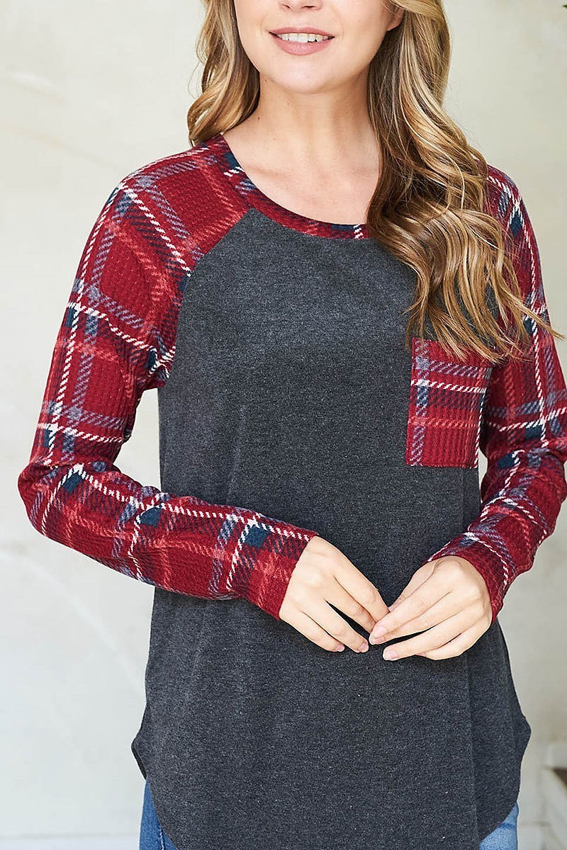 Plaid pocket and sleeves loop terry top (EF2732)