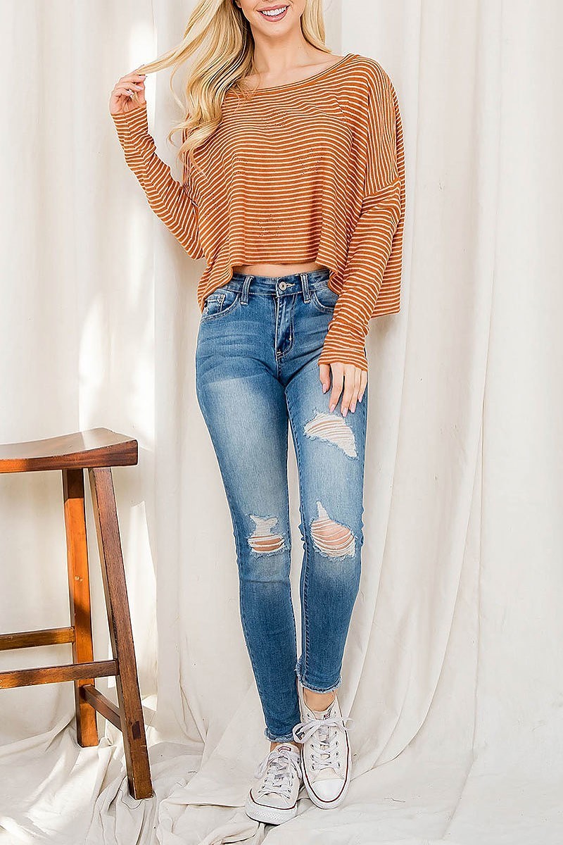 Off shoulder stripe loose fit crop top (EF2767)