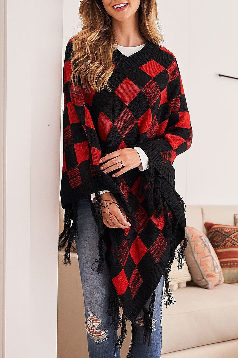 Plaid fringe poncho (DGS5313)