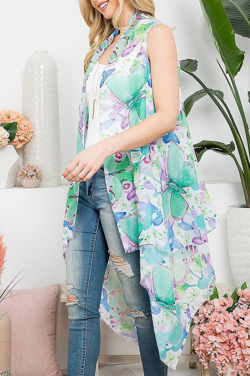 Tropical flower print open front kimono vest (EF5318)