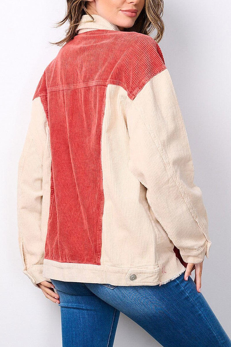 Long sleeve button up colorblock corduroy jacket (EFWT7642)