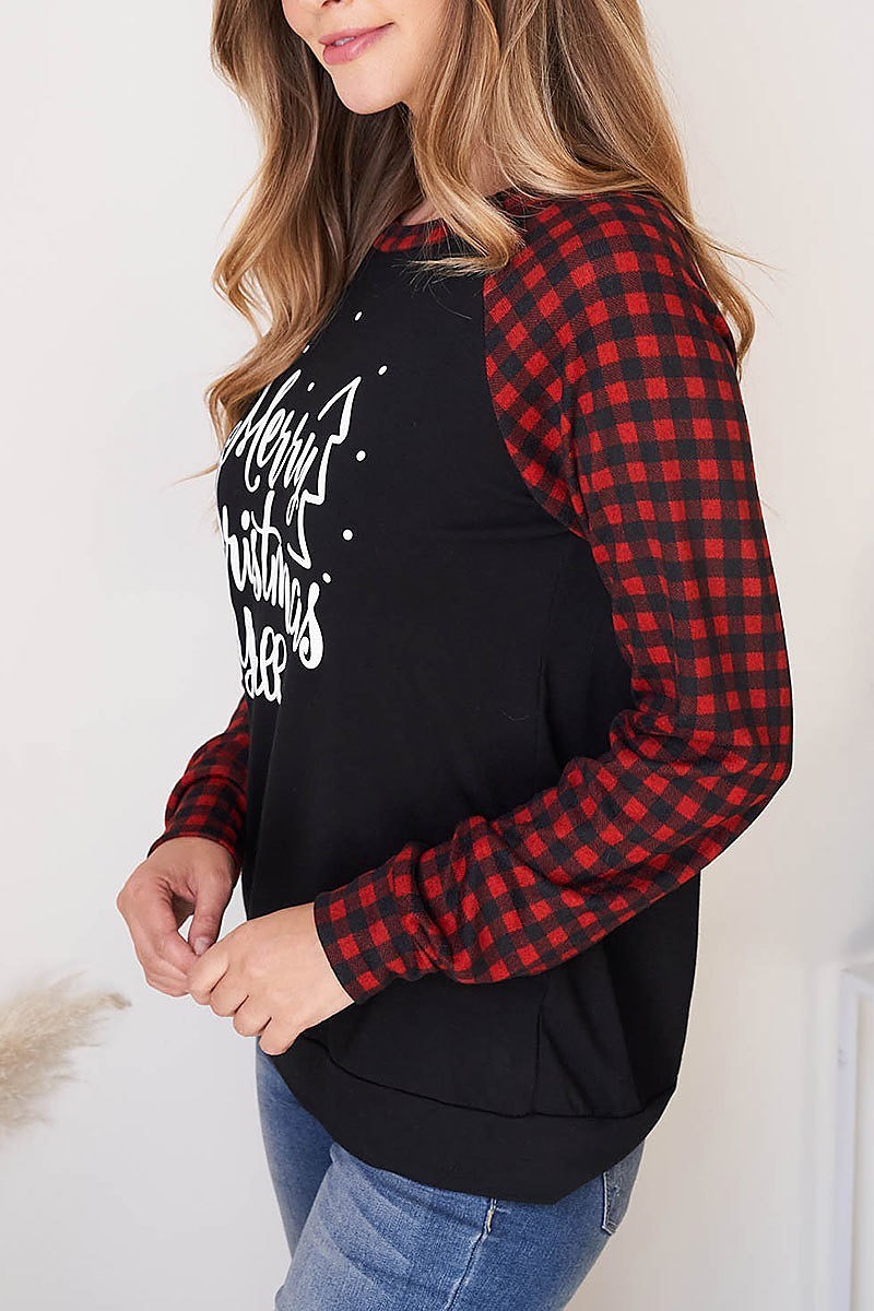 Plaid raglan merry christmas print top (EF2533)