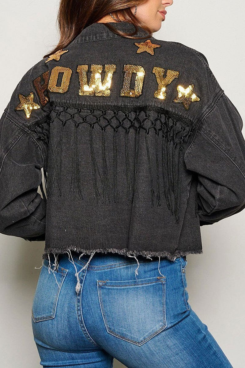 Button closure fringe howdy pockets denim jacket (EGWT1416)