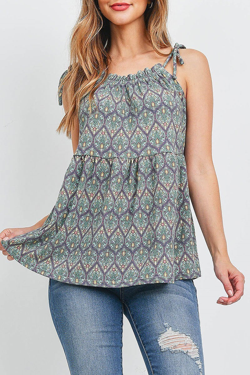 Paisley print tie shoulder baby doll top (EF1244)