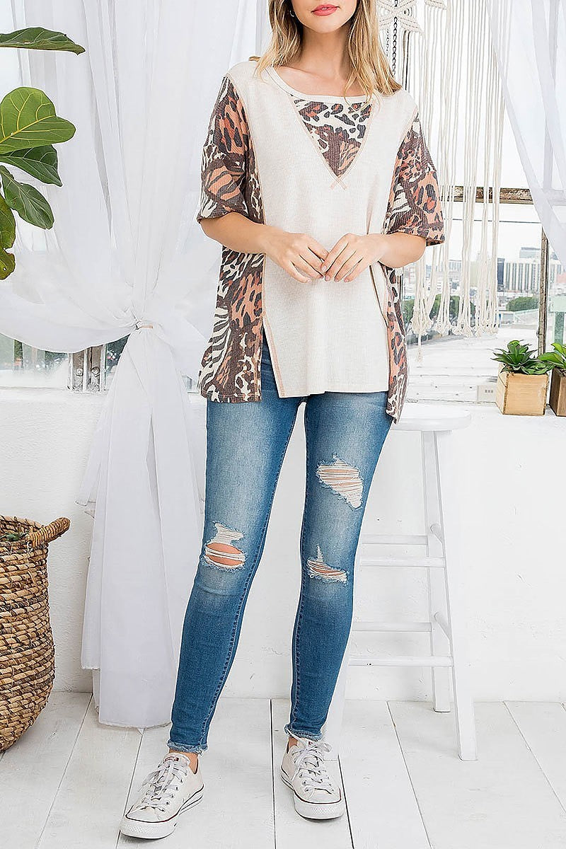 Animal print slit detail color block top (EF3081)