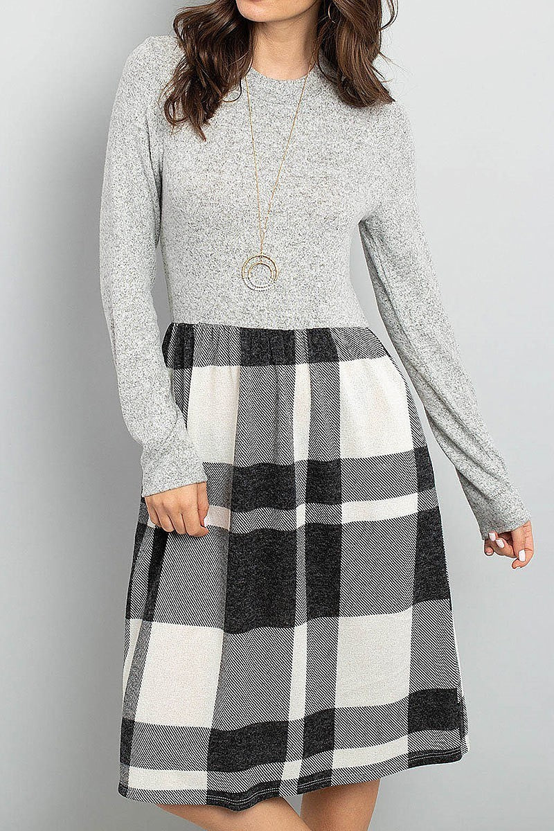 Two toned high neck long sleeves plaid contrast dress (DED5776)