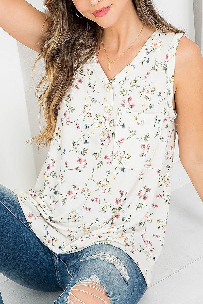 Floral print v neck button front top (EF3793)