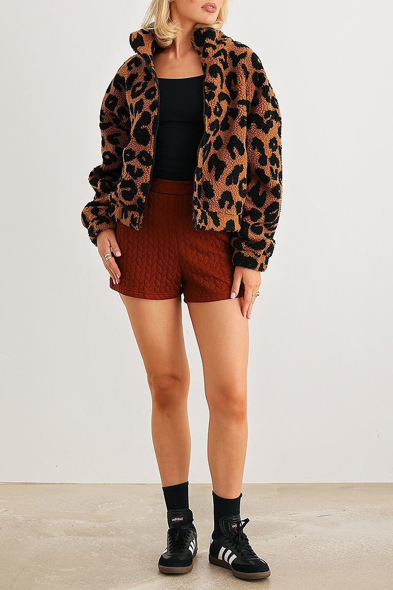 Leopard teddy zip up pocket detail jacket (TED2071)