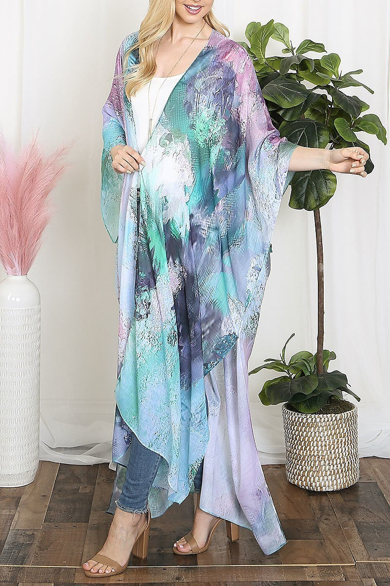 Tie dye abstract print long kimono (EF5585)