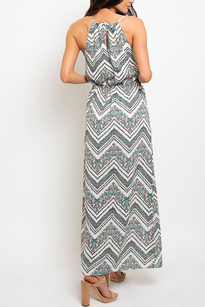 Chevron floral print slit detail maxi dress (EDWT2268)