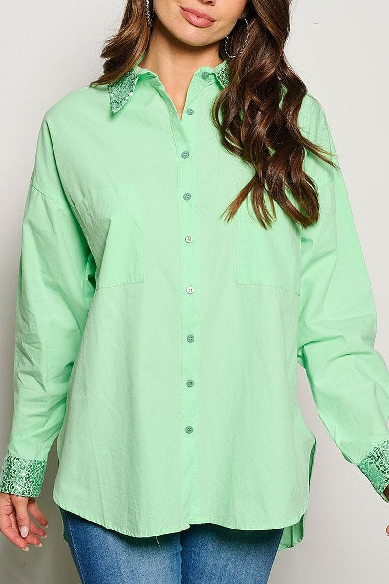 Long sleeve button up sequins graphic blouse top (EGWT1148)