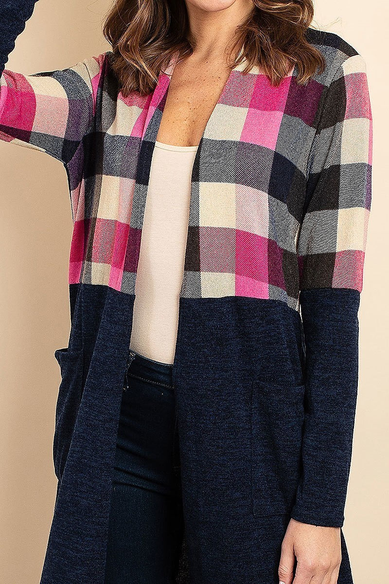 Checker color block pocket detail cardigan sweater (DGS4953-3)