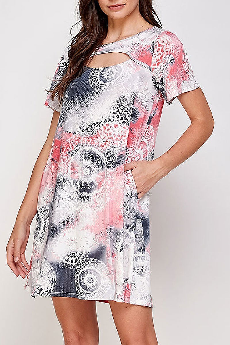 Cutout front tie dye medallion print pocket dress (XDG7233)