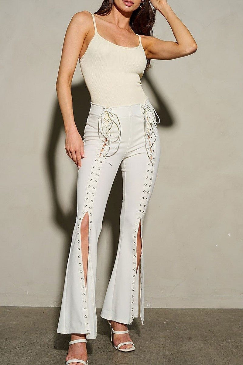 Button closure lace up detailed bell pants (EFWT9779)