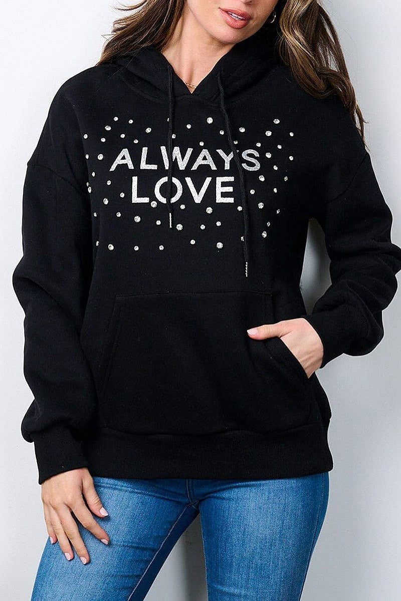 Front pocket studs graphic hoodie sweater (EFWT7198)