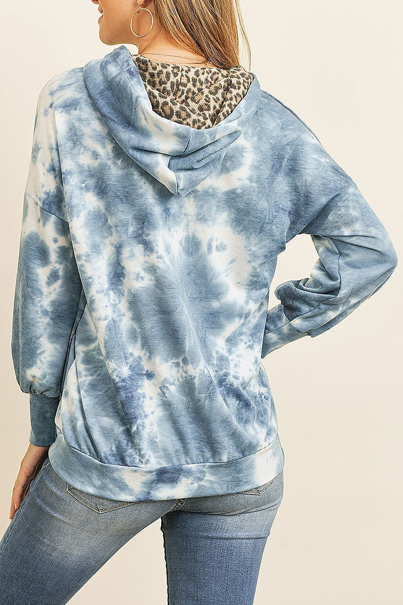 Tie dye long sleeve leopard contrast pocket hoodie with drawstrings (ED8250-LAST)